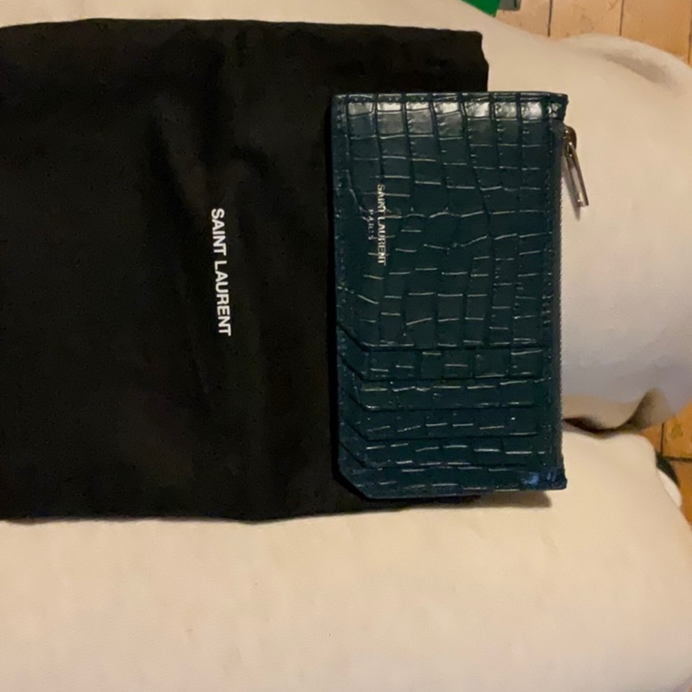 YSL (Saint Laurent) Fragments card holder (dark turquoise croc)